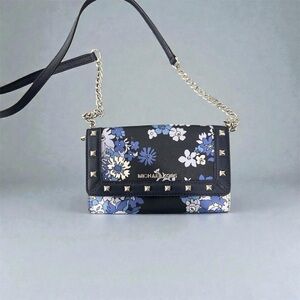 Michael Kors Black and Blue Floral Crossbody Bag with Silver Accents